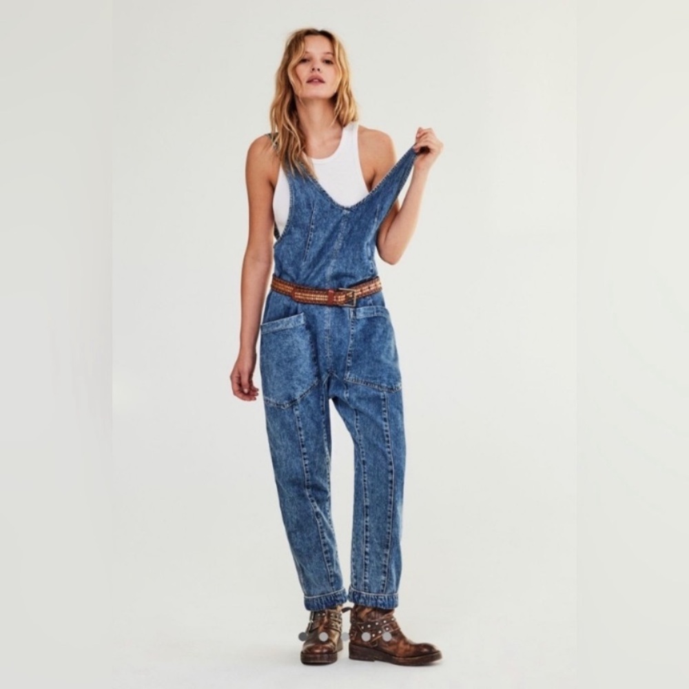 Free People High Roller Denim Overall Jumpsuit
